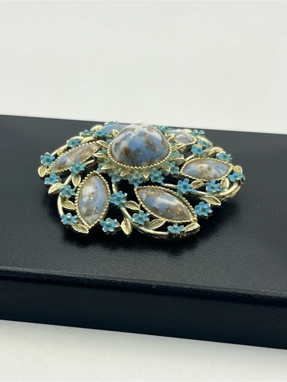 Blue faux stone cabochon painted enamel flower gold tone brooch pin vintage